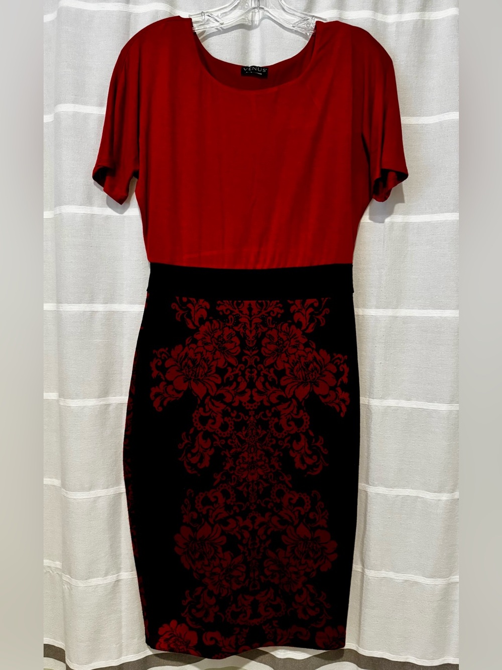 VENUS Red and Black Midi Dress with Crew Neckline